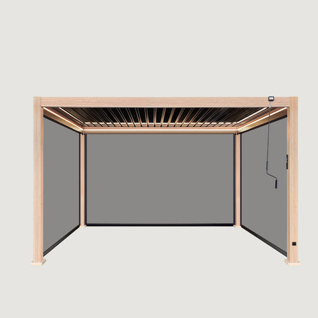LuxShade™ 3x4m Aluminium Pergola - LEDs, Double-Layer Louvres & 3 Windscreens - Oak Effect