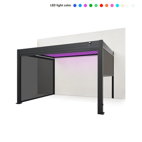 EdgeShade™ 3m x 4m Wall-Mounted Aluminium Pergola, Louvred Roof, RGBW LEDs & 3 Zip Windscreens - Grey