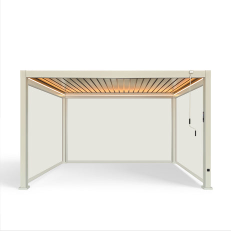 LuxShade™ 3x4m Pebble Aluminium Pergola with LEDs, Double-Layered Roof & 3 Blinds