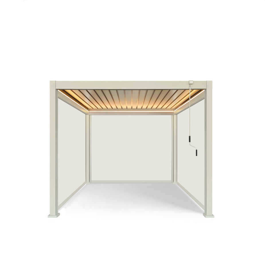 LuxShade™ 3x3m Pebble Aluminium Pergola with LEDs, Double-Layered Roof & 3 Blinds