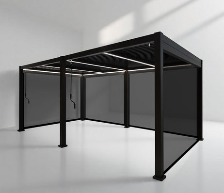 SplitZone™ 3x6m Grey Aluminium Pergola with LEDs, Mid-Beam Louvred Roof & Blinds