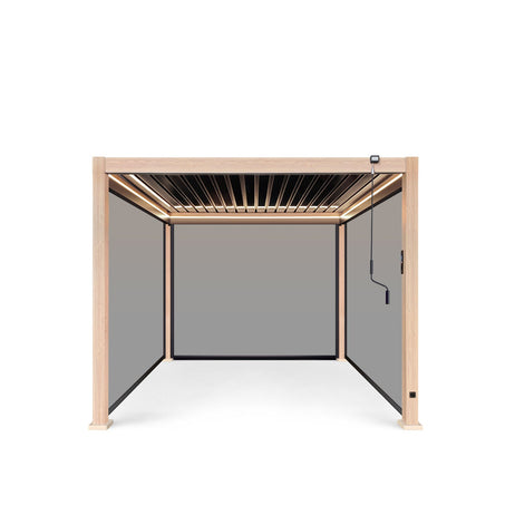 LuxShade™ 3x3m Aluminium Pergola - LEDs, Double-Layer Louvres & 3 Windscreens - Oak Effect