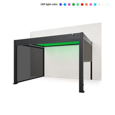 EdgeShade™ 3m x 4m Wall-Mounted Aluminium Pergola, Louvred Roof, RGBW LEDs & 3 Zip Windscreens - Grey