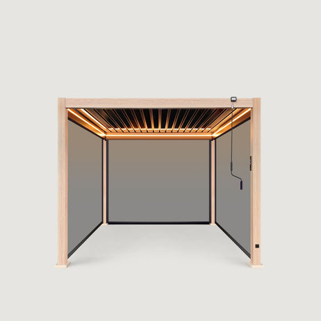 LuxShade™ 3x3m Aluminium Pergola - LEDs, Double-Layer Louvres & 3 Windscreens - Oak Effect