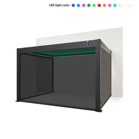 EdgeShade™ 3m x 4m Wall-Mounted Aluminium Pergola, Louvred Roof, RGBW LEDs & 3 Zip Windscreens - Grey