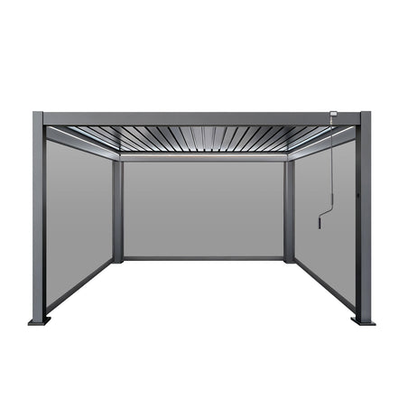 LuxShade™ 4x4m Aluminium Pergola with LEDs, Double-Layered Louvred Roof & 3 Blinds