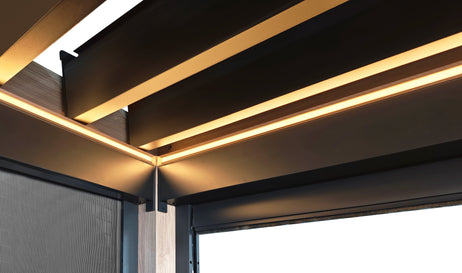 LuxShade™ 3x6m Aluminium Pergola LEDs, Double-Layered Louvred Roof & Blinds Oak Effect