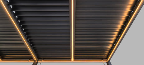 SplitZone™ 3x6m Grey Aluminium Pergola with LEDs, Mid-Beam Louvred Roof & Blinds