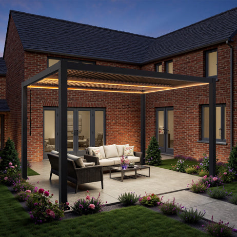 SplitZone™ 3x4m Grey Aluminium Pergola with LEDs, Mid-Beam Louvred Roof + Windscreens