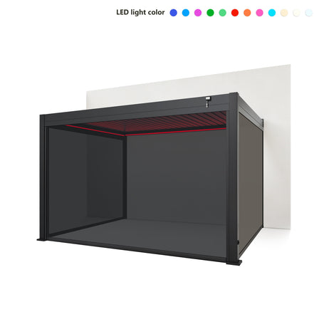 EdgeShade™ 3m x 4m Wall-Mounted Aluminium Pergola, Louvred Roof, RGBW LEDs & 3 Zip Windscreens - Grey