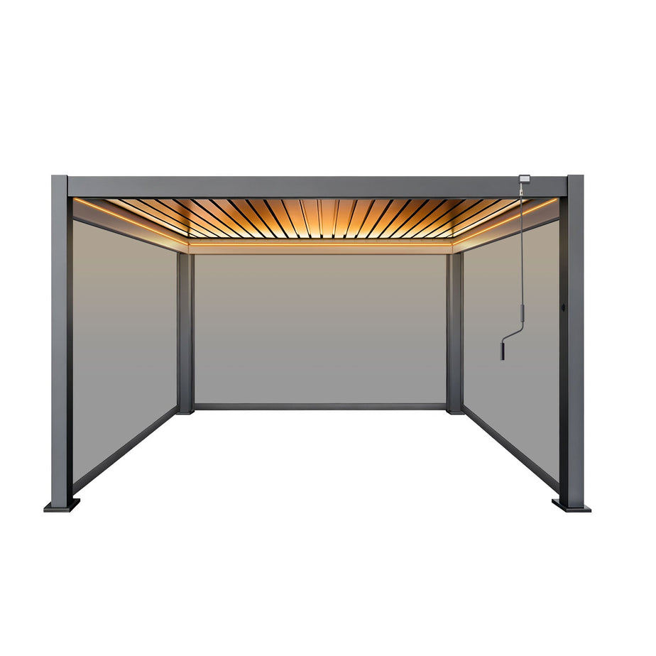 LuxShade™ 4x4m Aluminium Pergola with LEDs, Double-Layered Louvred Roof & 3 Blinds