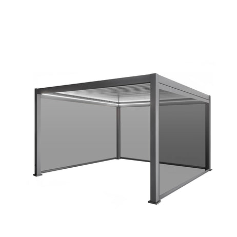 LuxShade™ 4x4m Aluminium Pergola with LEDs, Double-Layered Louvred Roof & 3 Blinds