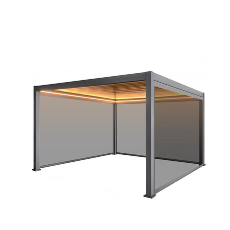 LuxShade™ 4x4m Aluminium Pergola with LEDs, Double-Layered Louvred Roof & 3 Blinds