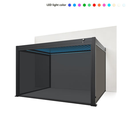 EdgeShade™ 3m x 4m Wall-Mounted Aluminium Pergola, Louvred Roof, RGBW LEDs & 3 Zip Windscreens - Grey