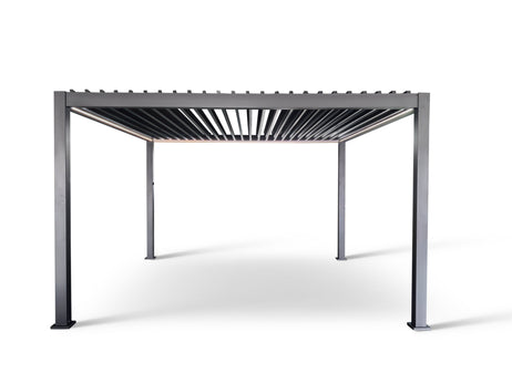 LuxShade™ 4x4m Aluminium Pergola with LEDs, Double-Layered Louvred Roof & 3 Blinds