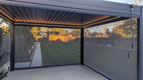 LuxShade™ 3x4m Aluminium Pergola with LEDs, Double-Layered Louvred Roof & 3 Blinds