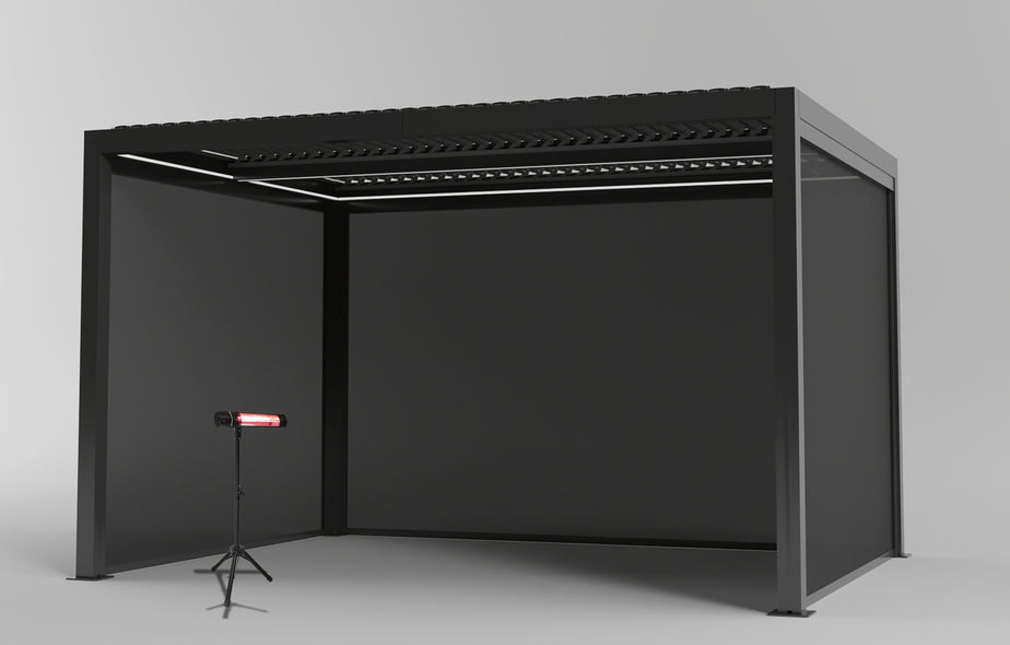 SplitZone™ 3x4m Grey Aluminium Pergola with LEDs, Mid-Beam Louvred Roof + Windscreens