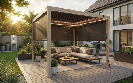LuxShade™ 3x3m Aluminium Pergola - LEDs, Double-Layer Louvres & 3 Windscreens - Oak Effect