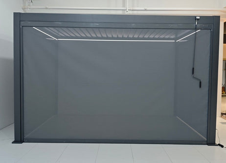 EdgeShade™ 3m x 4m Wall-Mounted Aluminium Pergola, Louvred Roof, RGBW LEDs & 3 Zip Windscreens - Grey