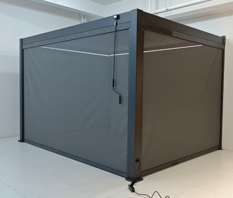 EdgeShade™ 3m x 4m Wall-Mounted Aluminium Pergola, Louvred Roof, RGBW LEDs & 3 Zip Windscreens - Grey