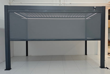 EdgeShade™ 3m x 4m Wall-Mounted Aluminium Pergola, Louvred Roof, RGBW LEDs & 3 Zip Windscreens - Grey