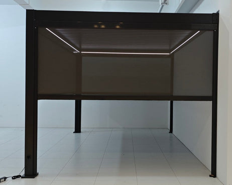 EdgeShade™ 3m x 4m Wall-Mounted Aluminium Pergola, Louvred Roof, RGBW LEDs & 3 Zip Windscreens - Grey