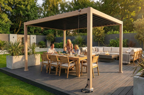 LuxShade™ 3x4m Aluminium Pergola - LEDs, Double-Layer Louvres & 3 Windscreens - Oak Effect