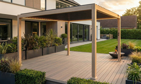 LuxShade™ 3x4m Aluminium Pergola - LEDs, Double-Layer Louvres & 3 Windscreens - Oak Effect