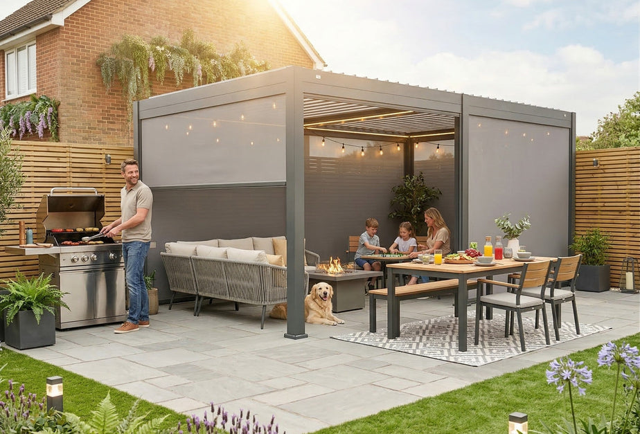 SplitZone™ 3x6m Grey Aluminium Pergola with LEDs, Mid-Beam Louvred Roof & Blinds