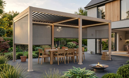 LuxShade™ 3x6m Aluminium Pergola LEDs, Double-Layered Louvred Roof & Blinds Oak Effect