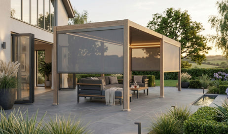 LuxShade™ 3x6m Aluminium Pergola LEDs, Double-Layered Louvred Roof & Blinds Oak Effect