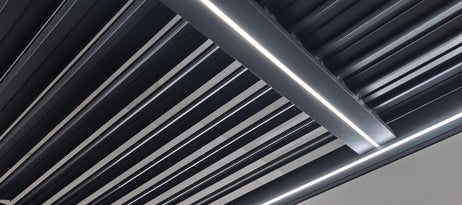 SplitZone™ 3x6m Grey Aluminium Pergola with LEDs, Mid-Beam Louvred Roof & Blinds