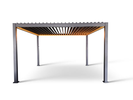 LuxShade™ 4x4m Aluminium Pergola with LEDs, Double-Layered Louvred Roof & 3 Blinds