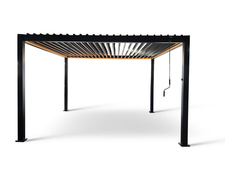LuxShade™ 4x4m Aluminium Pergola with LEDs, Double-Layered Louvred Roof & 3 Blinds