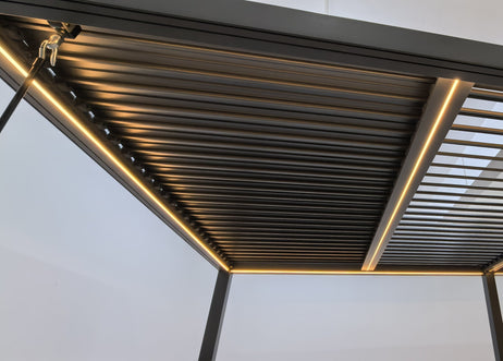 SplitZone™ 3x4m Grey Aluminium Pergola with LEDs, Mid-Beam Louvred Roof + Windscreens