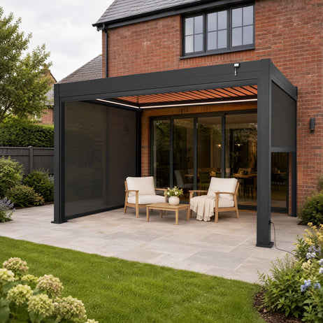 EdgeShade™ 3m x 4m Wall-Mounted Aluminium Pergola, Louvred Roof, RGBW LEDs & 3 Zip Windscreens - Grey