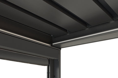 EdgeShade™ 3m x 4m Wall-Mounted Aluminium Pergola, Louvred Roof, RGBW LEDs & 3 Zip Windscreens - Grey