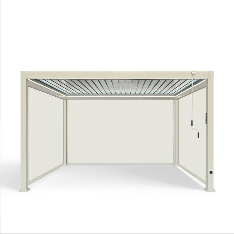 LuxShade™ 3x4m Pebble Aluminium Pergola with LEDs, Double-Layered Roof & 3 Blinds