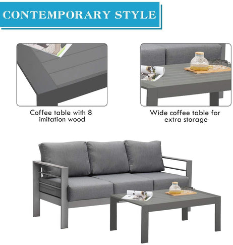 Aluminium 4-Piece Garden Furniture Set - 6 Seater Lounge (3+2+1) - Grey