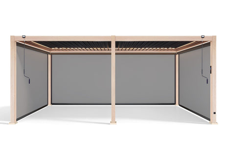 LuxShade™ 3x6m Aluminium Pergola LEDs, Double-Layered Louvred Roof & Blinds Oak Effect