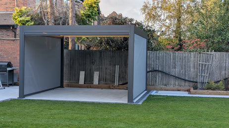 LuxShade™ 3x4m Aluminium Pergola with LEDs, Double-Layered Louvred Roof & 3 Blinds