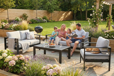 Aluminium 4-Piece Garden Furniture Set - 6 Seater Lounge (3+2+1) - Black and Grey