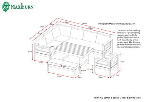 Aluminium Left Hand Corner Garden Sofa & Dining Set with Bench - Taupe / Natural