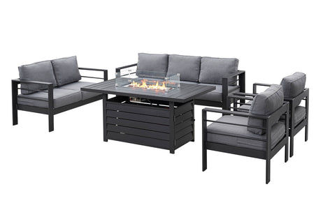 Modern 7-Seater Aluminium Fire Pit Lounge Set (3 Seater, 2 Seater, 2 Armchairs) Grey
