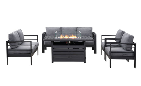 Modern 7-Seater Aluminium Fire Pit Lounge Set (3 Seater, 2 Seater, 2 Armchairs) Grey