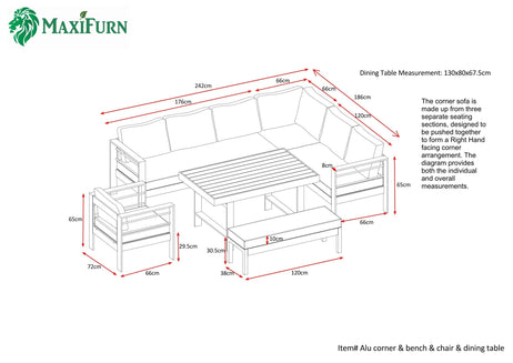 Aluminium Right Hand Corner Garden Sofa & Dining Set with Bench - Taupe / Natural