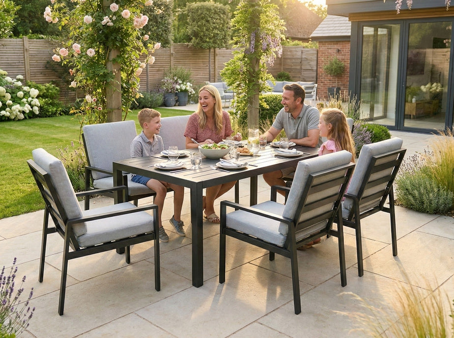 Modern Aluminium 6-Seater Garden Dining Set - Rust Proof & Weather Resistant - Black / Grey