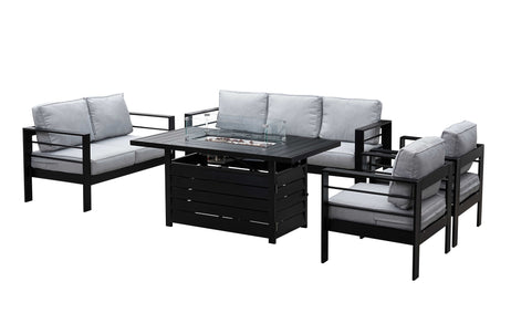 Modern 7-Seater Aluminium Fire Pit Lounge Set (3 Seater, 2 Seater, 2 Chairs) Black & Grey