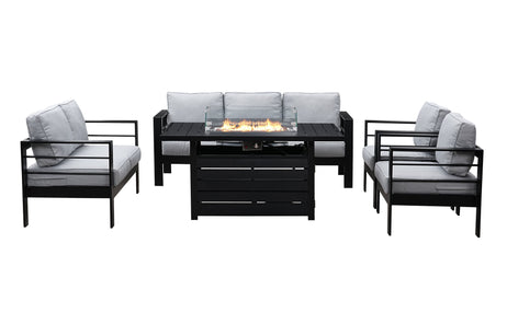 Modern 7-Seater Aluminium Fire Pit Lounge Set (3 Seater, 2 Seater, 2 Chairs) Black & Grey