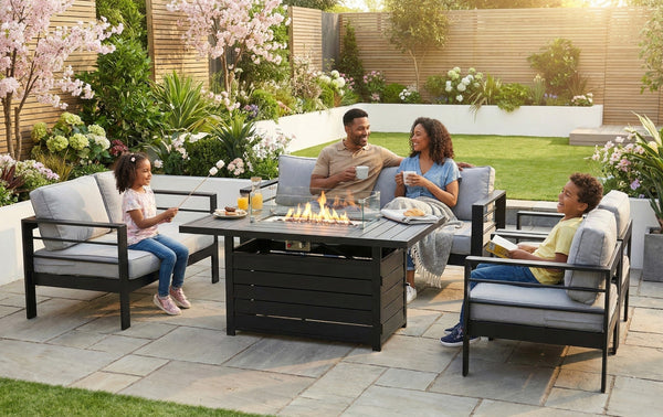 Modern 7-Seater Aluminium Fire Pit Lounge Set (3 Seater, 2 Seater, 2 Chairs) Black & Grey